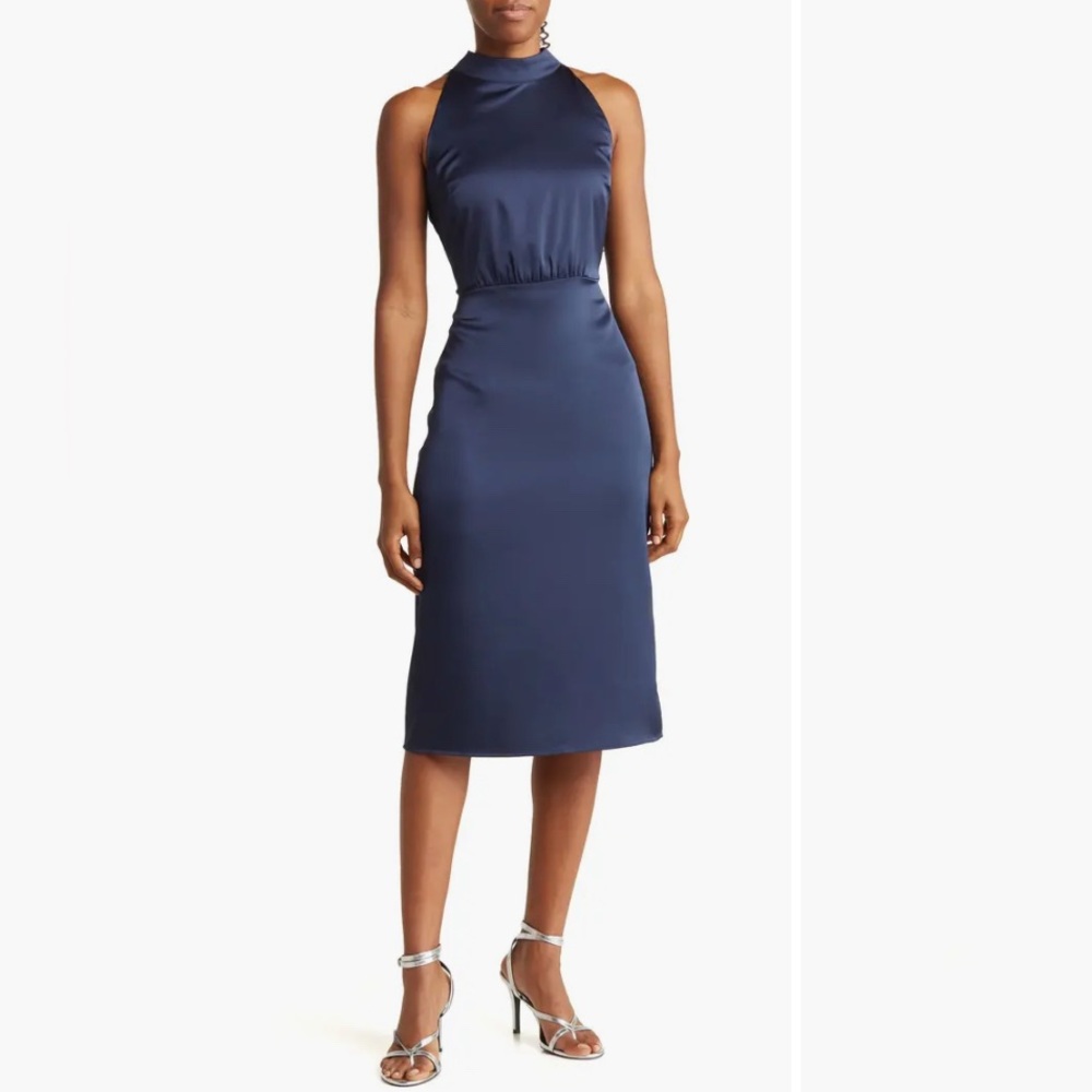Sam Edelman Halter Neck Back Tie Sleeveless Satin Midi Dress, Navy, 14 Glam Chic